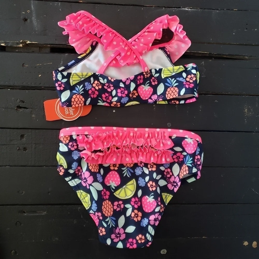Wonder Nation NWT Toddler Girl 4T Bikini Swimsuit Navy Neon Pink Ruffle Fruit